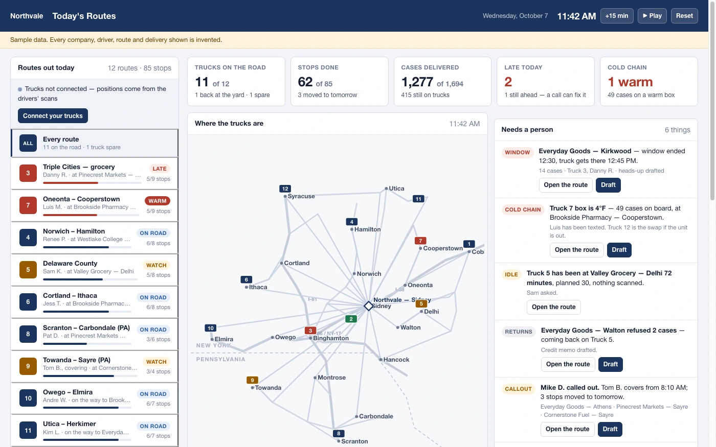 Delivery Routes: Routes, stop statuses and issues together on one screen.