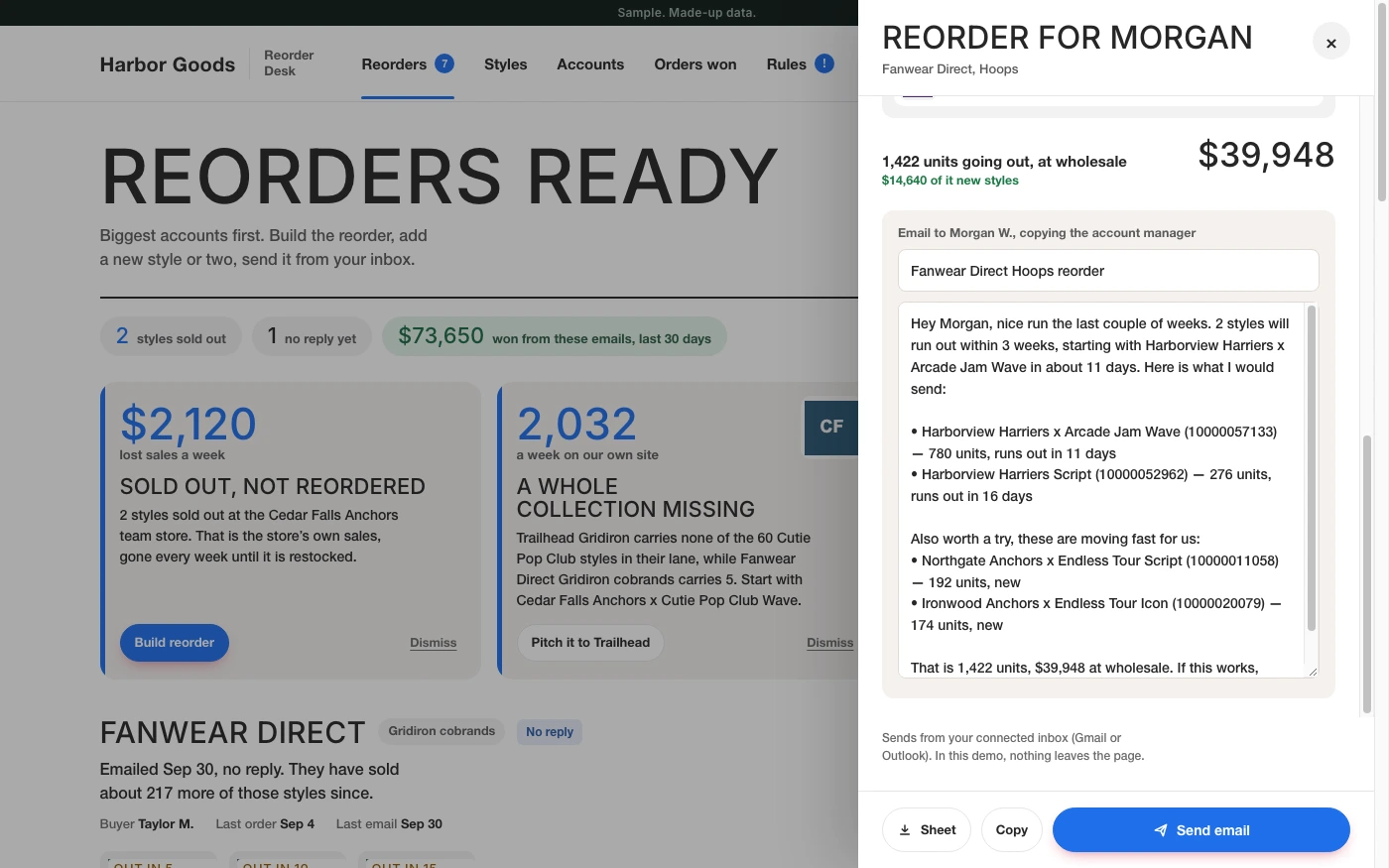 Reorder Desk: Suggested quantities and new styles, with the buyer email drafted.